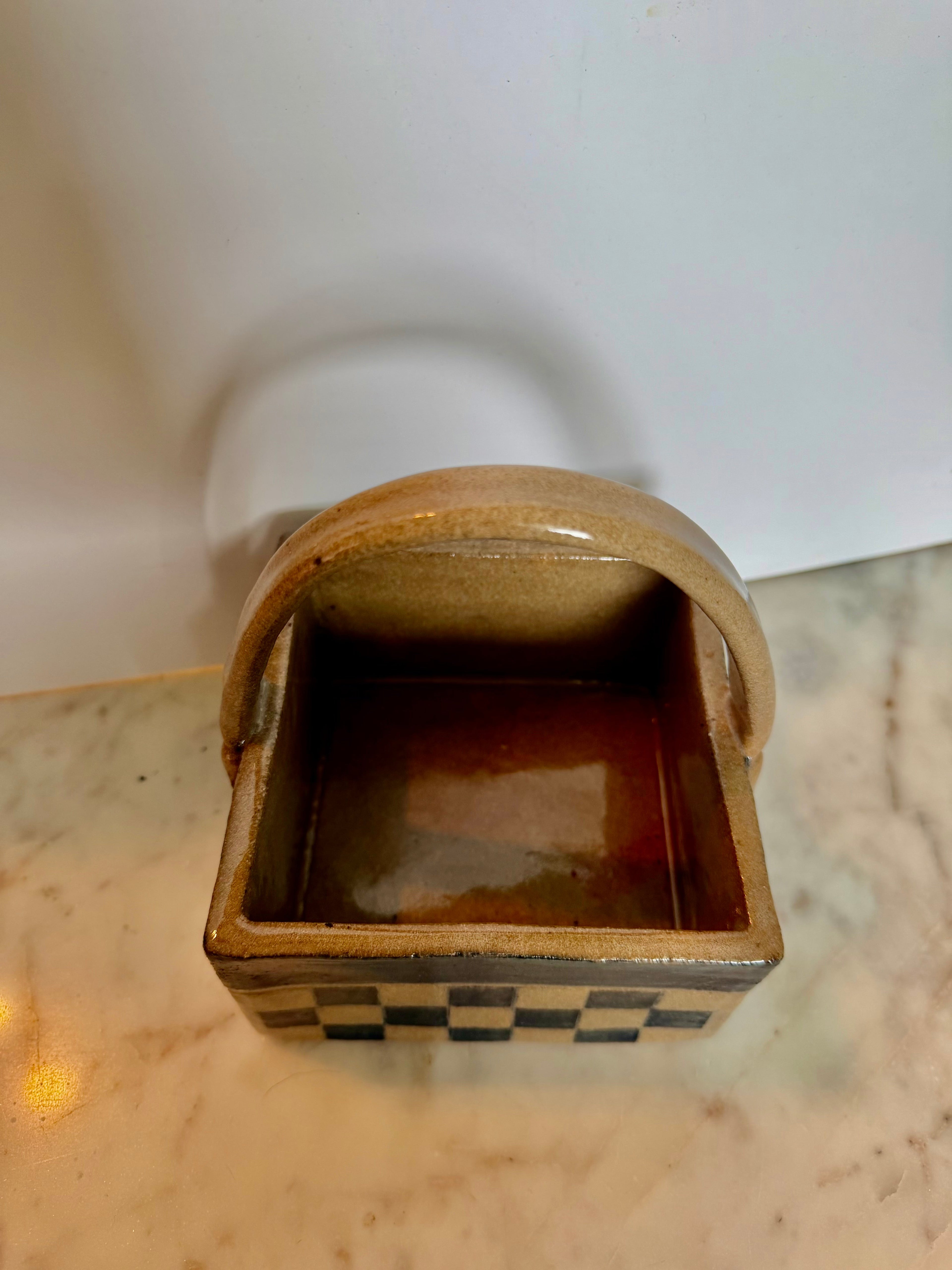 Vintage Ceramic Checkerboard Basket with Handle