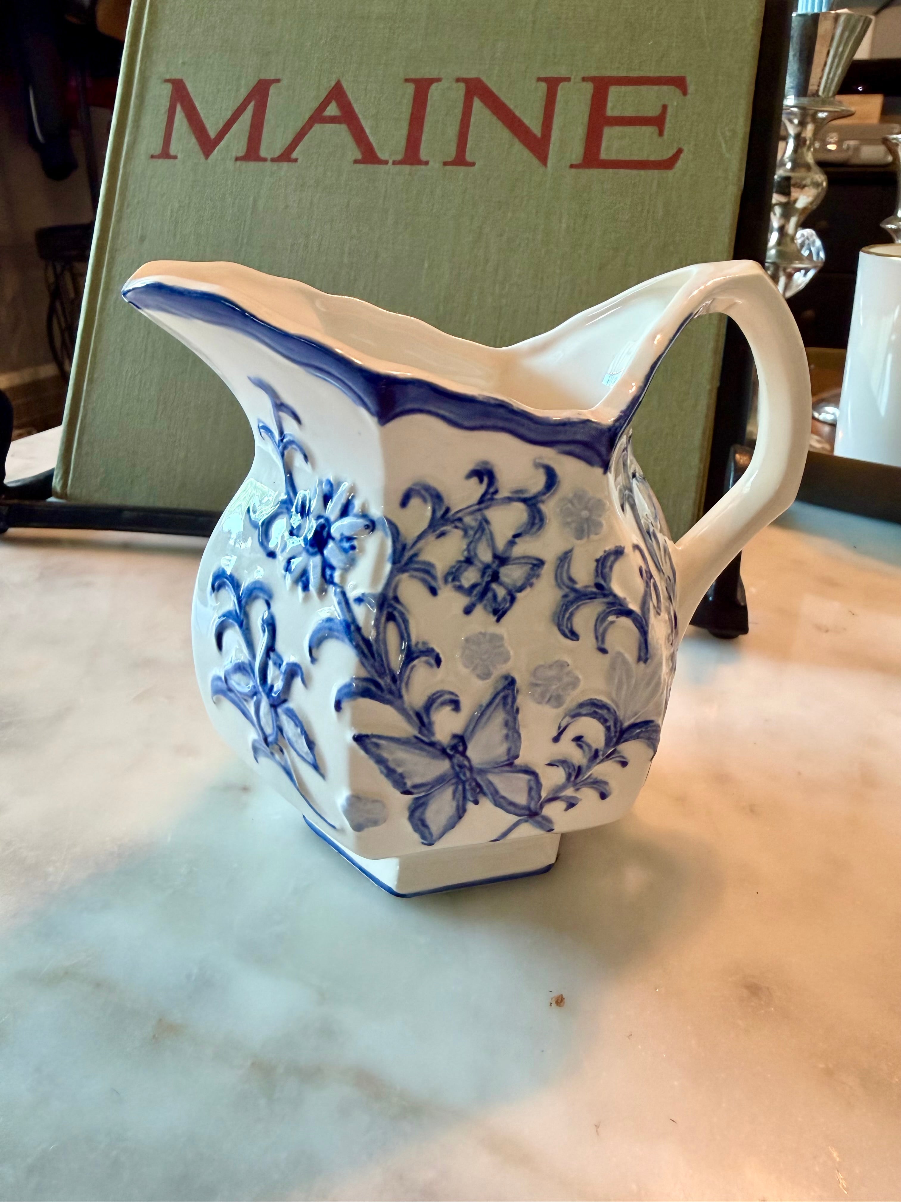 Blue & White Floral Ceramic Pitcher