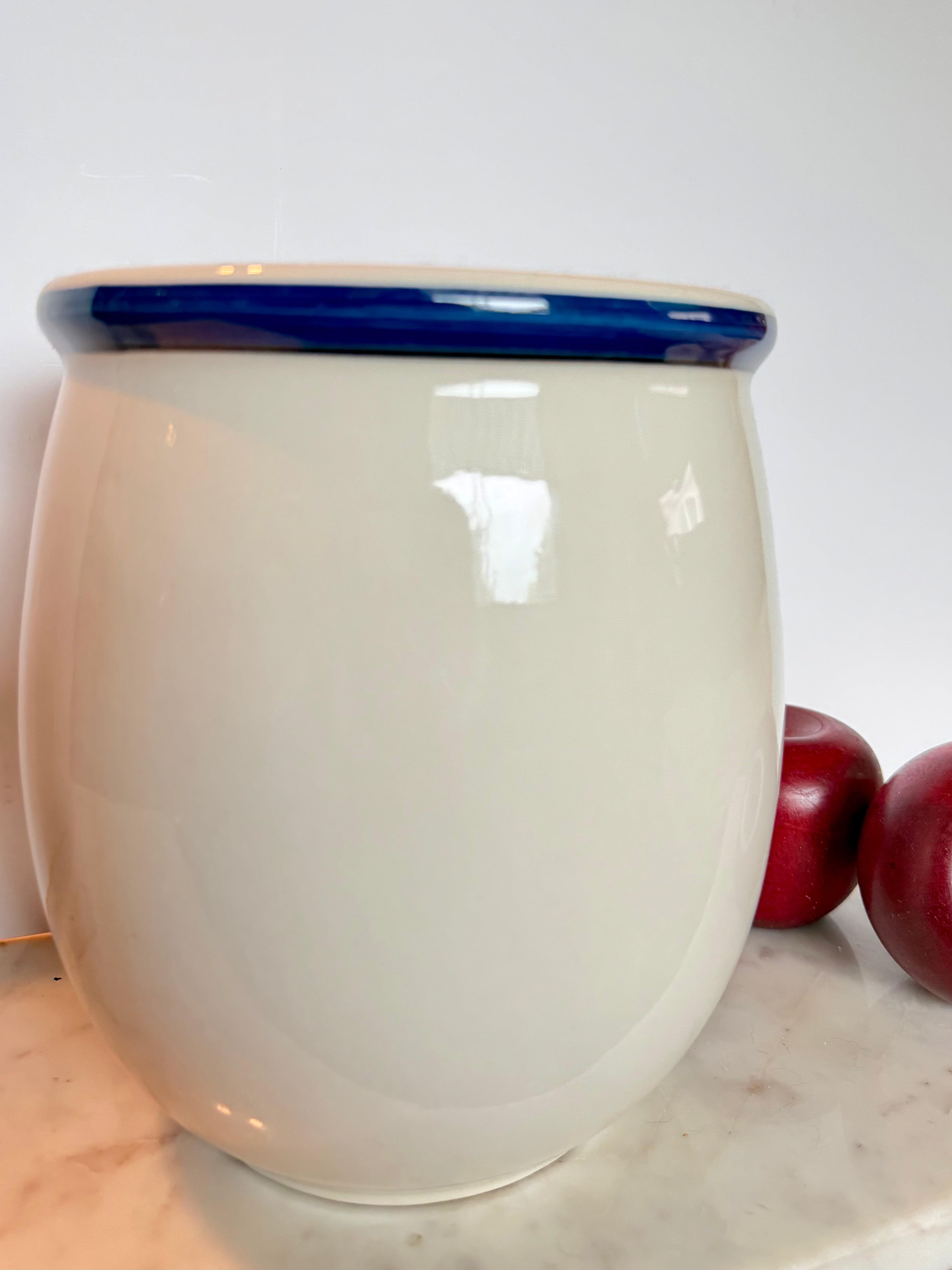 Vintage Ceramic Utensil Crock with Cobalt Blue Rim