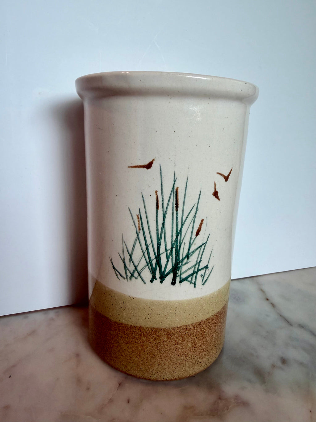 Vintage Stoneware Cattails & Birds Utensil Crock
