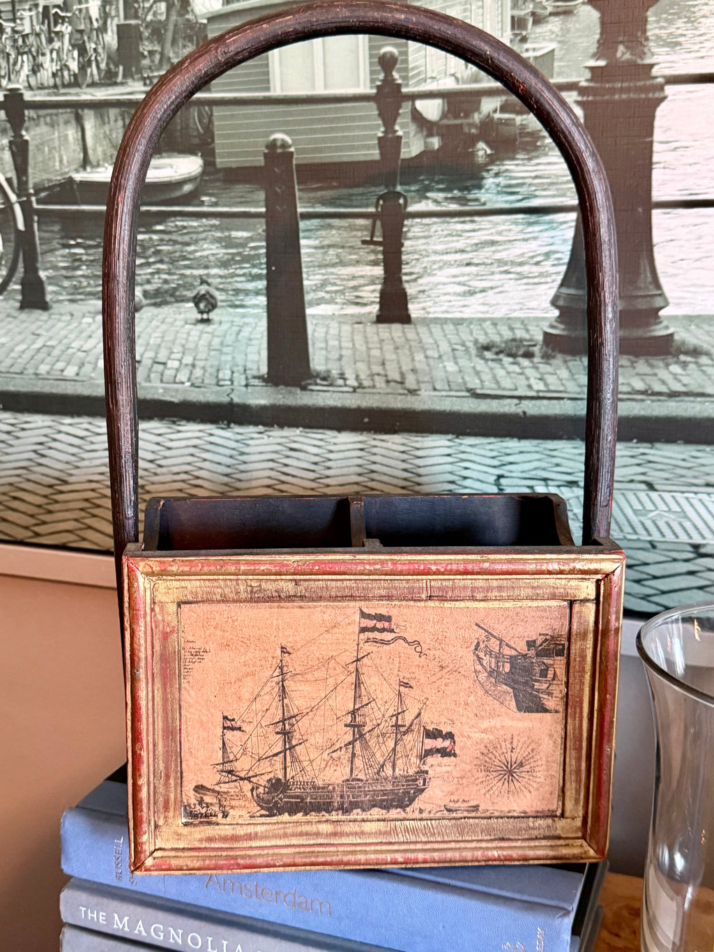 Vintage Nautical Wooden Caddy with Arched Handle