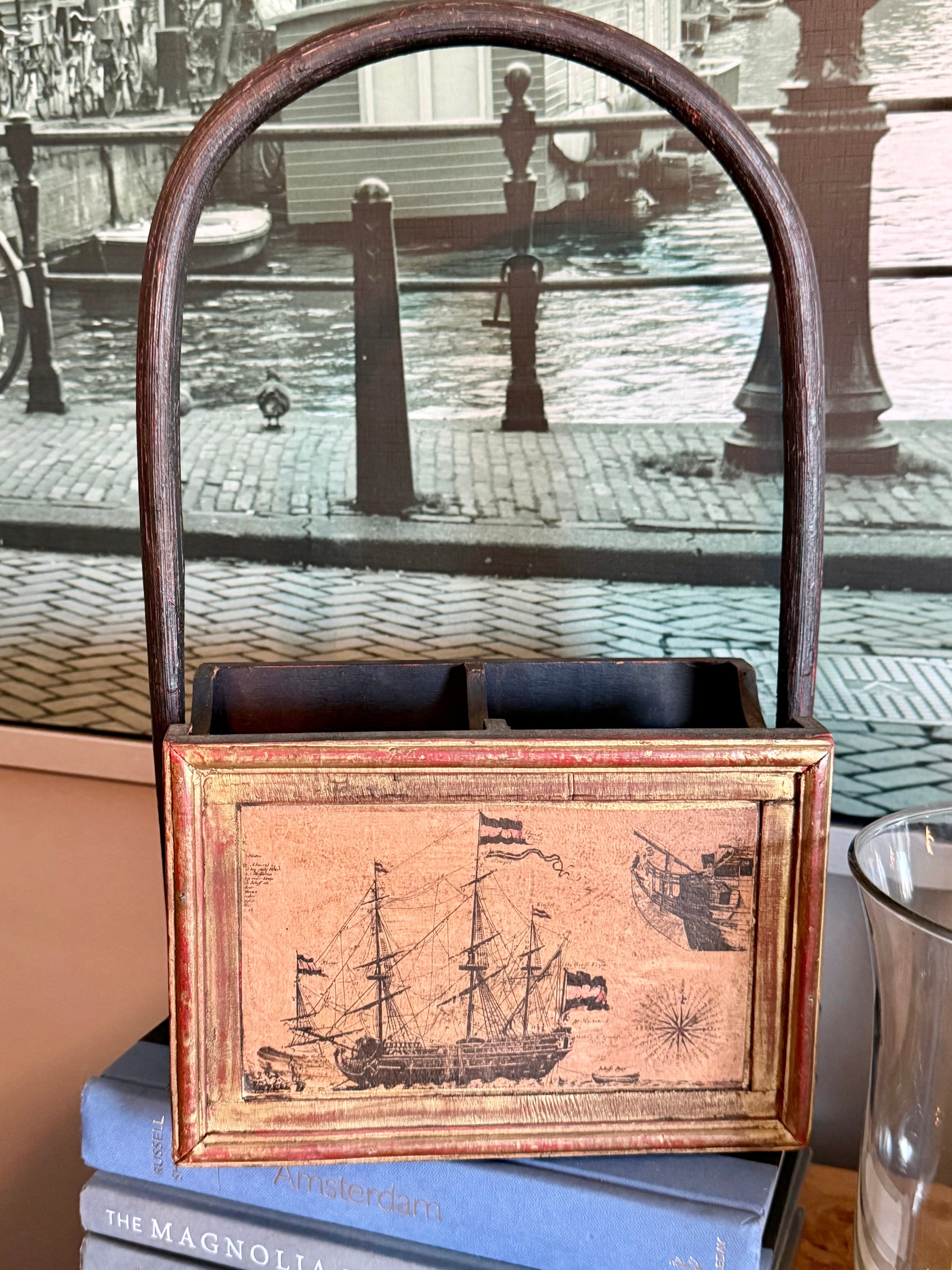 Vintage Nautical Wooden Caddy with Arched Handle