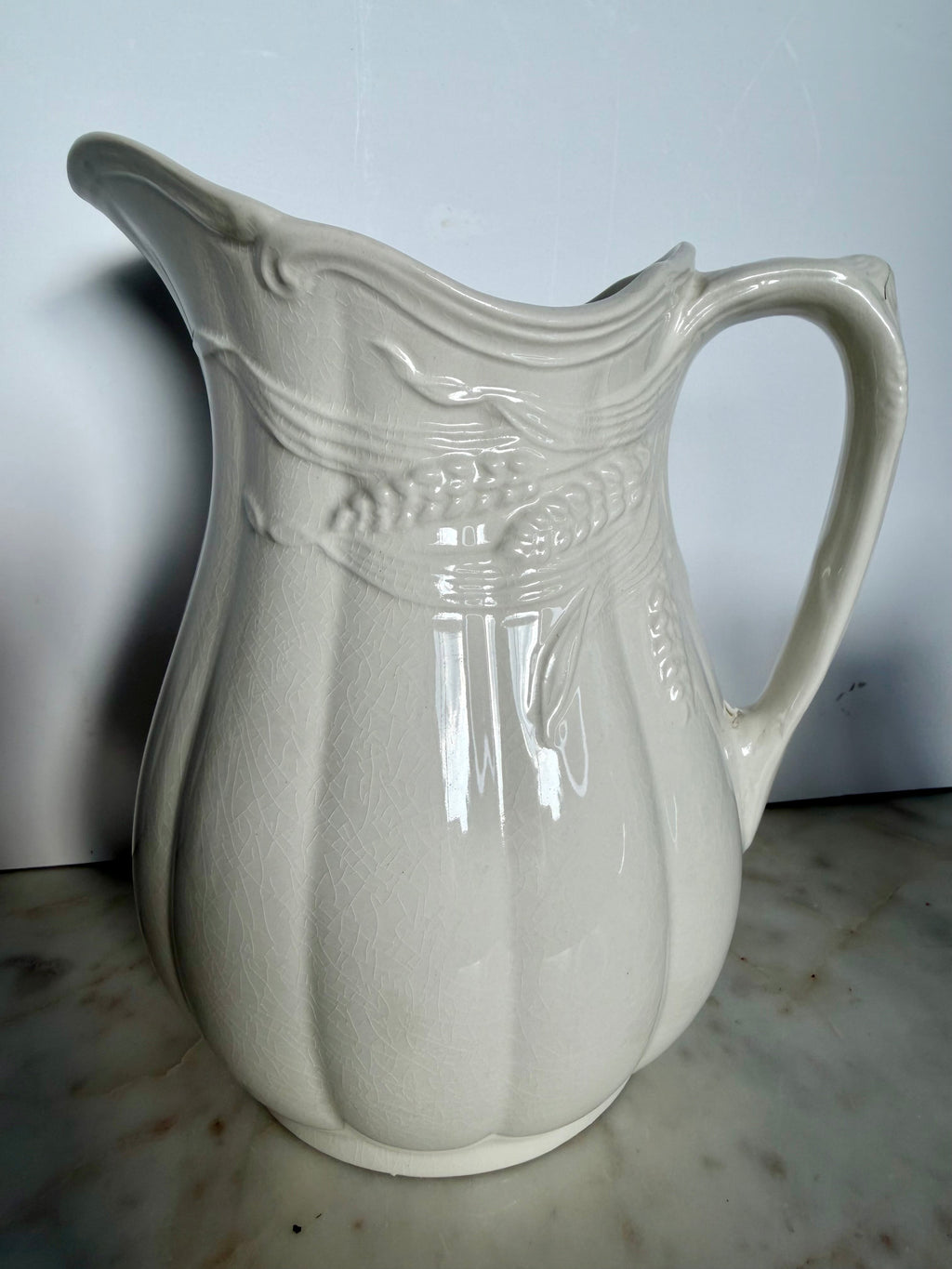 Vintage Creamware Ceramic Pitcher with Wheat Relief
