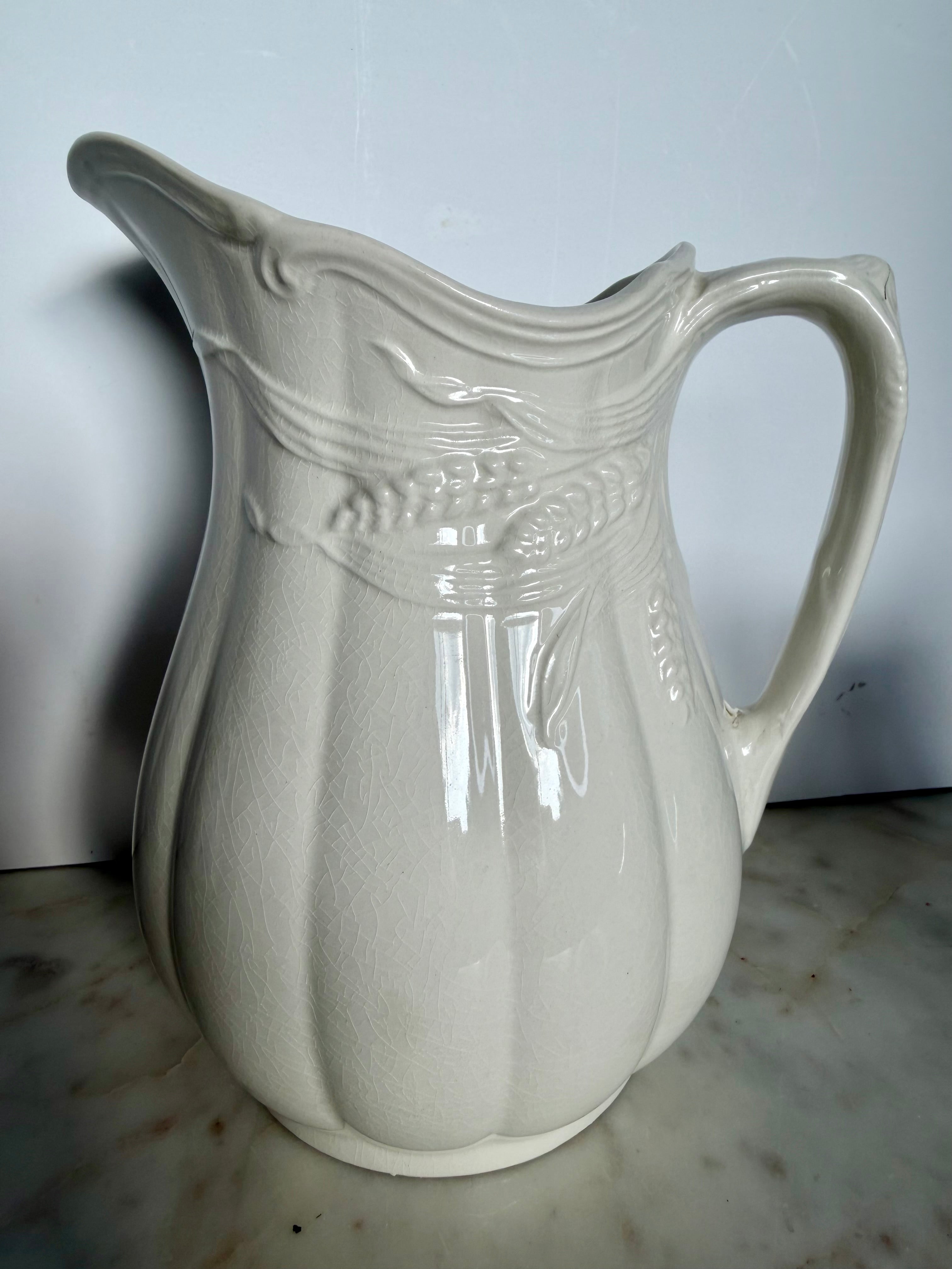 Vintage Creamware Ceramic Pitcher with Wheat Relief