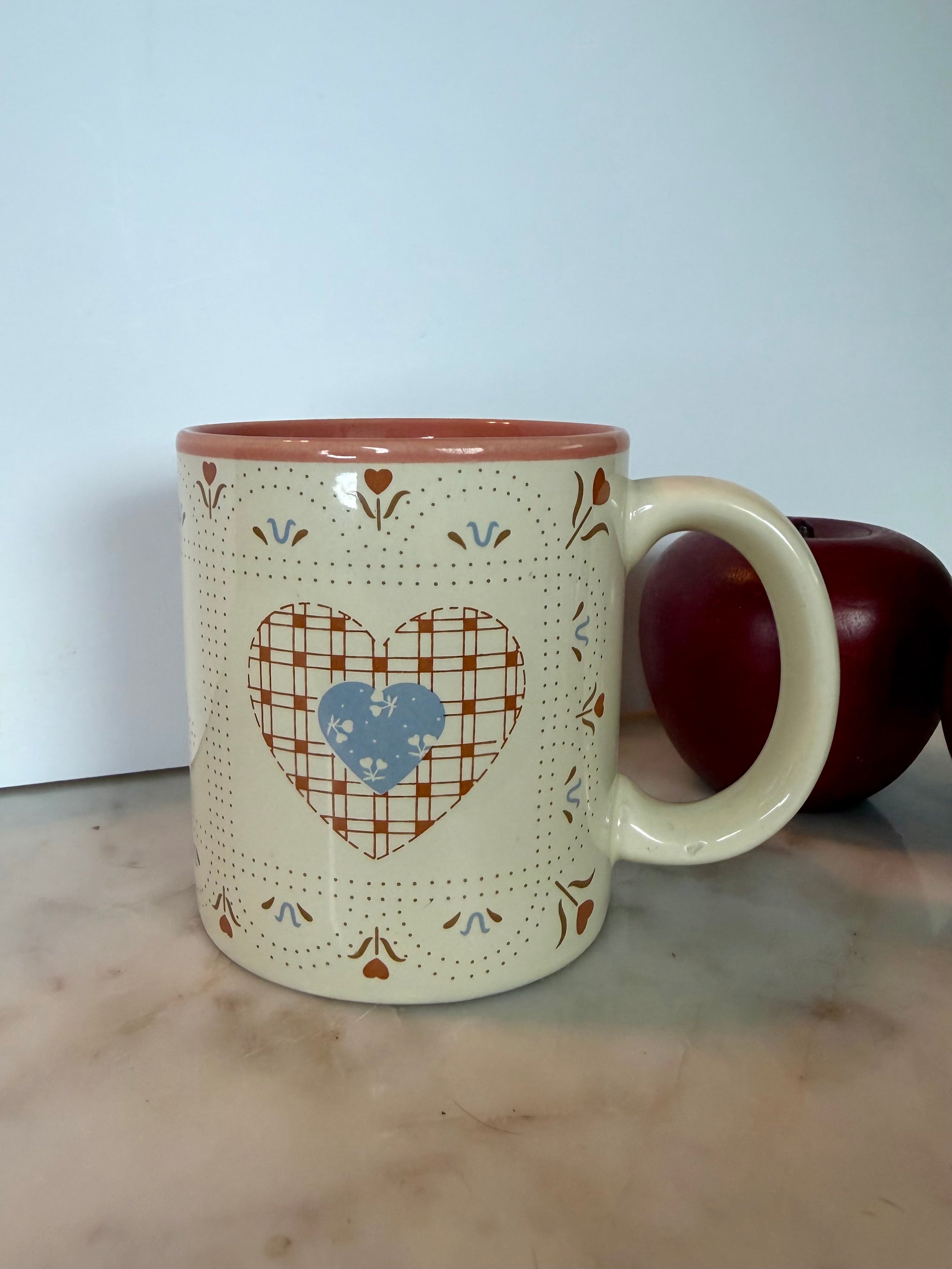 Vintage Folk Art Ceramic Mug with Heart & Floral Motifs