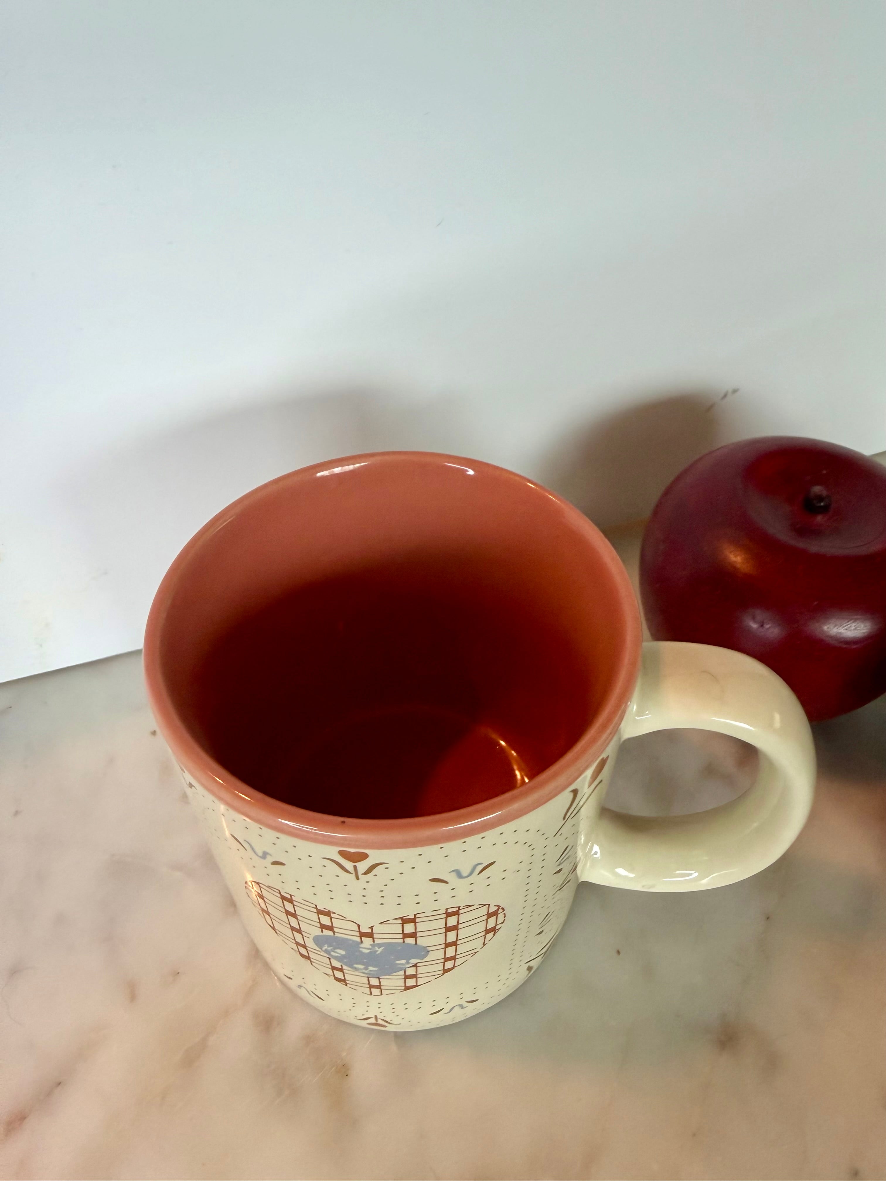 Vintage Folk Art Ceramic Mug with Heart & Floral Motifs