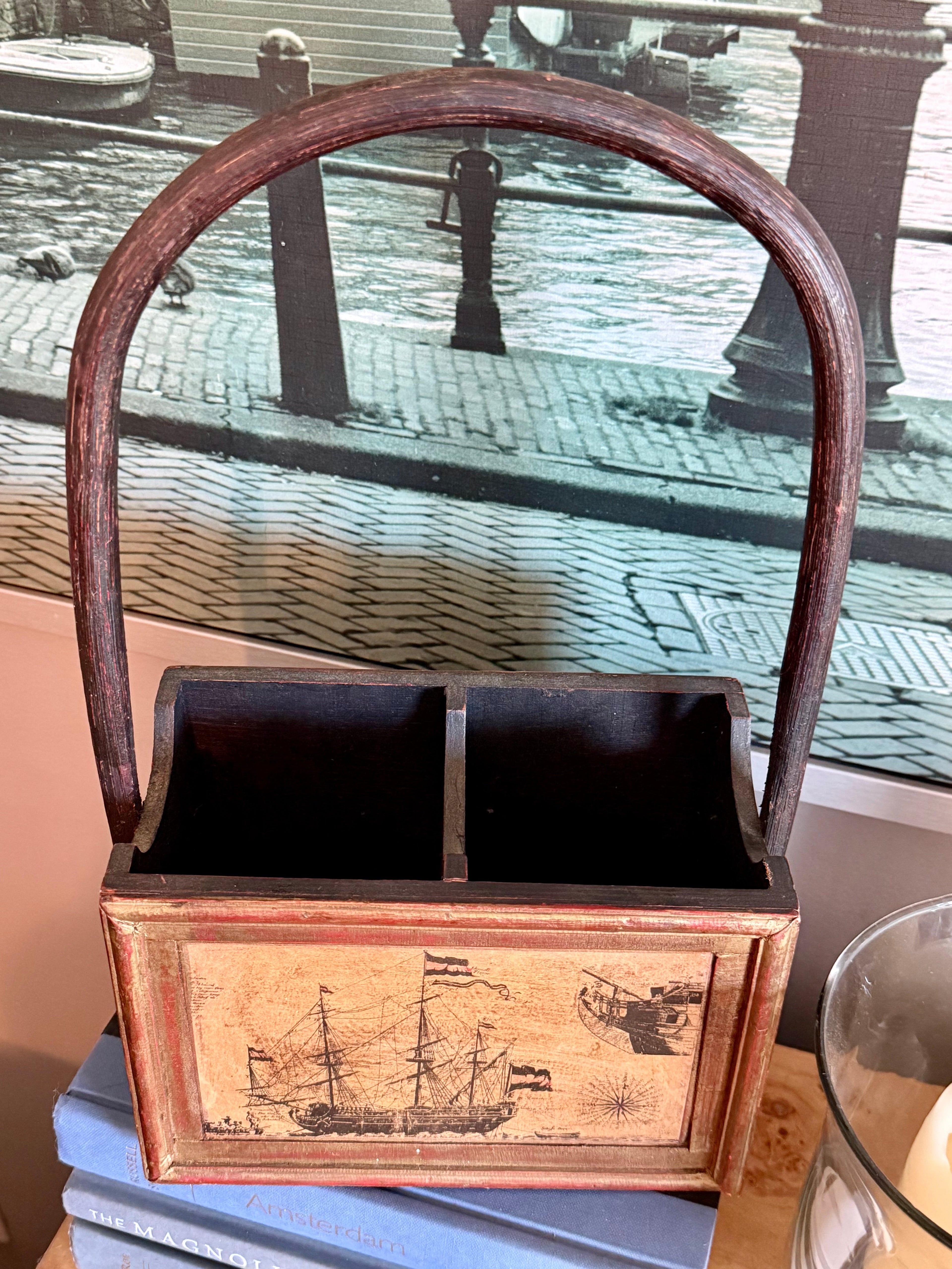 Vintage Nautical Wooden Caddy with Arched Handle
