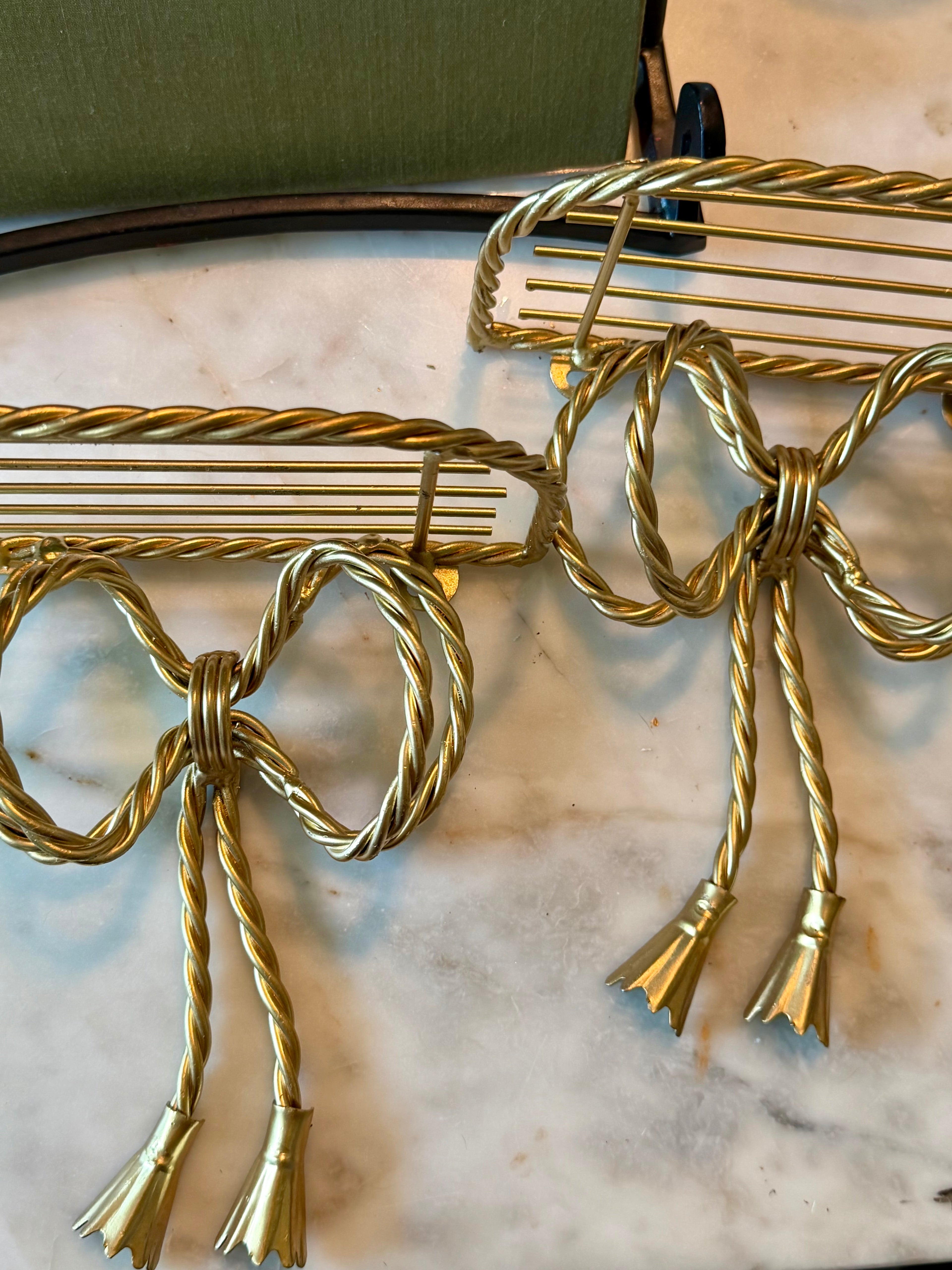 Vintage Gold Tole Rope & Bow Wall Shelves | Set of 2