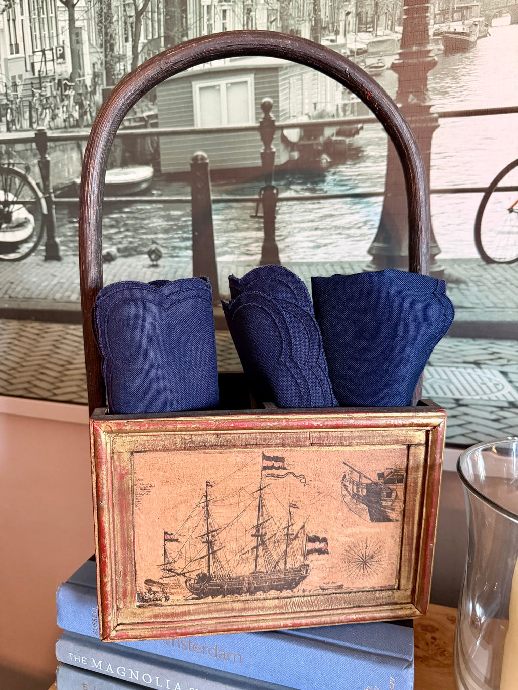 Vintage Nautical Wooden Caddy with Arched Handle