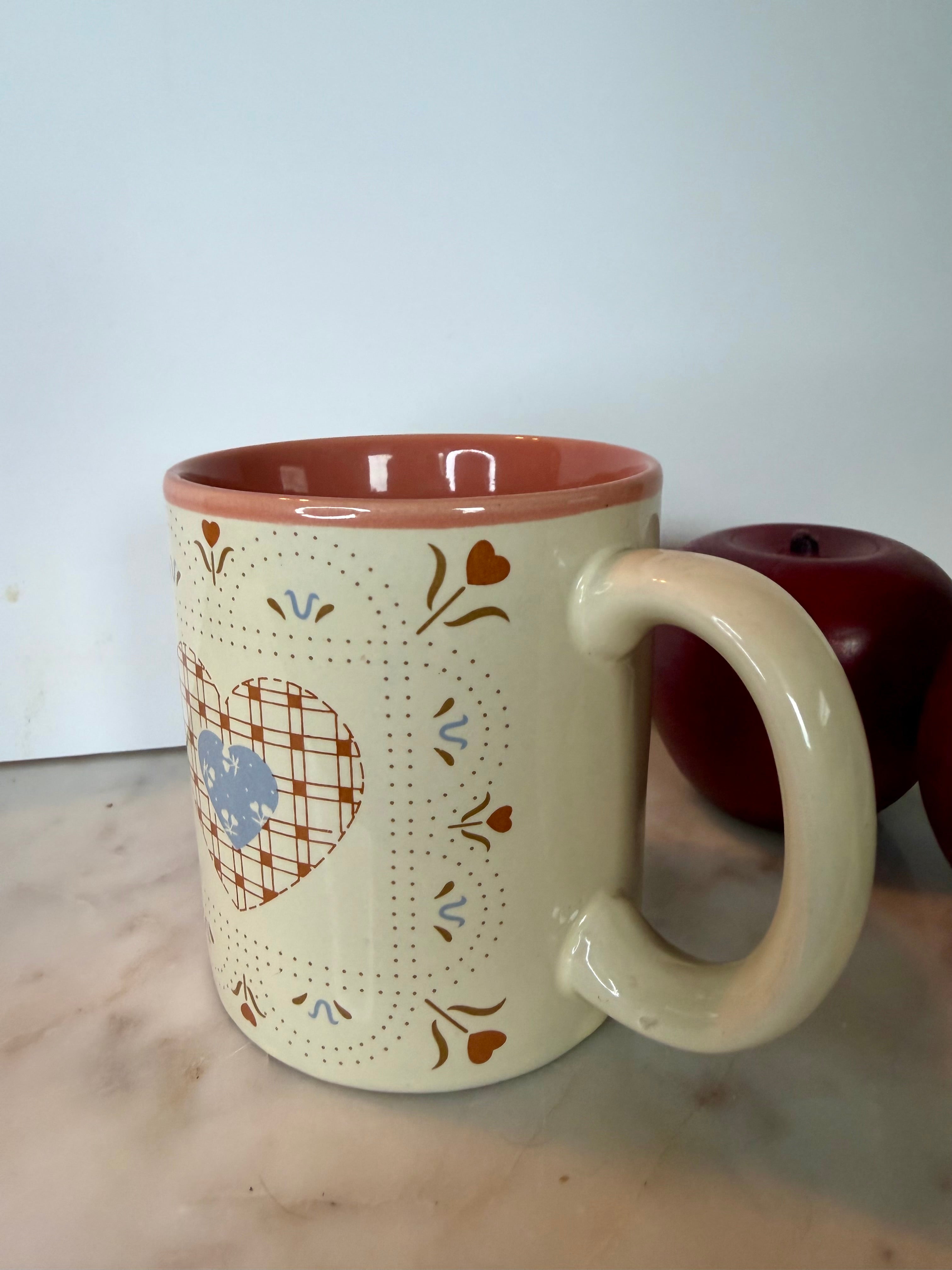 Vintage Folk Art Ceramic Mug with Heart & Floral Motifs
