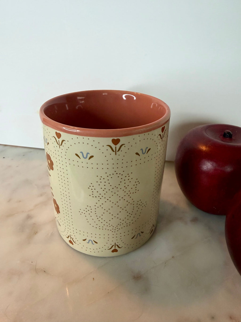 Vintage Folk Art Ceramic Mug with Heart & Floral Motifs