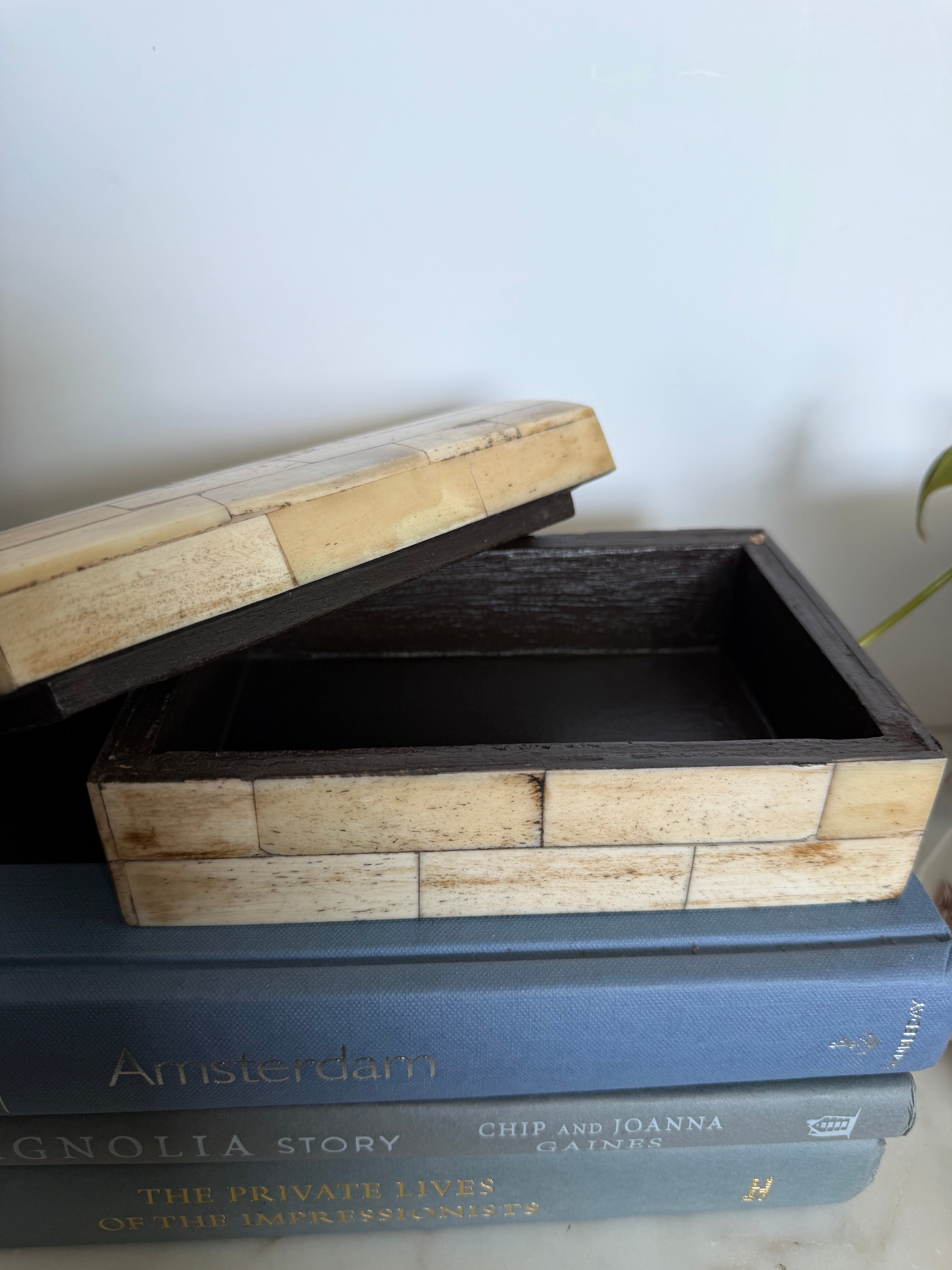 Vintage Bone Inlay Trinket Box with Domed Lid