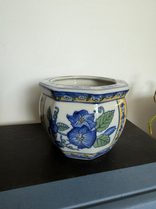 Blue & White Chinoiserie Floral Ceramic Cachepot