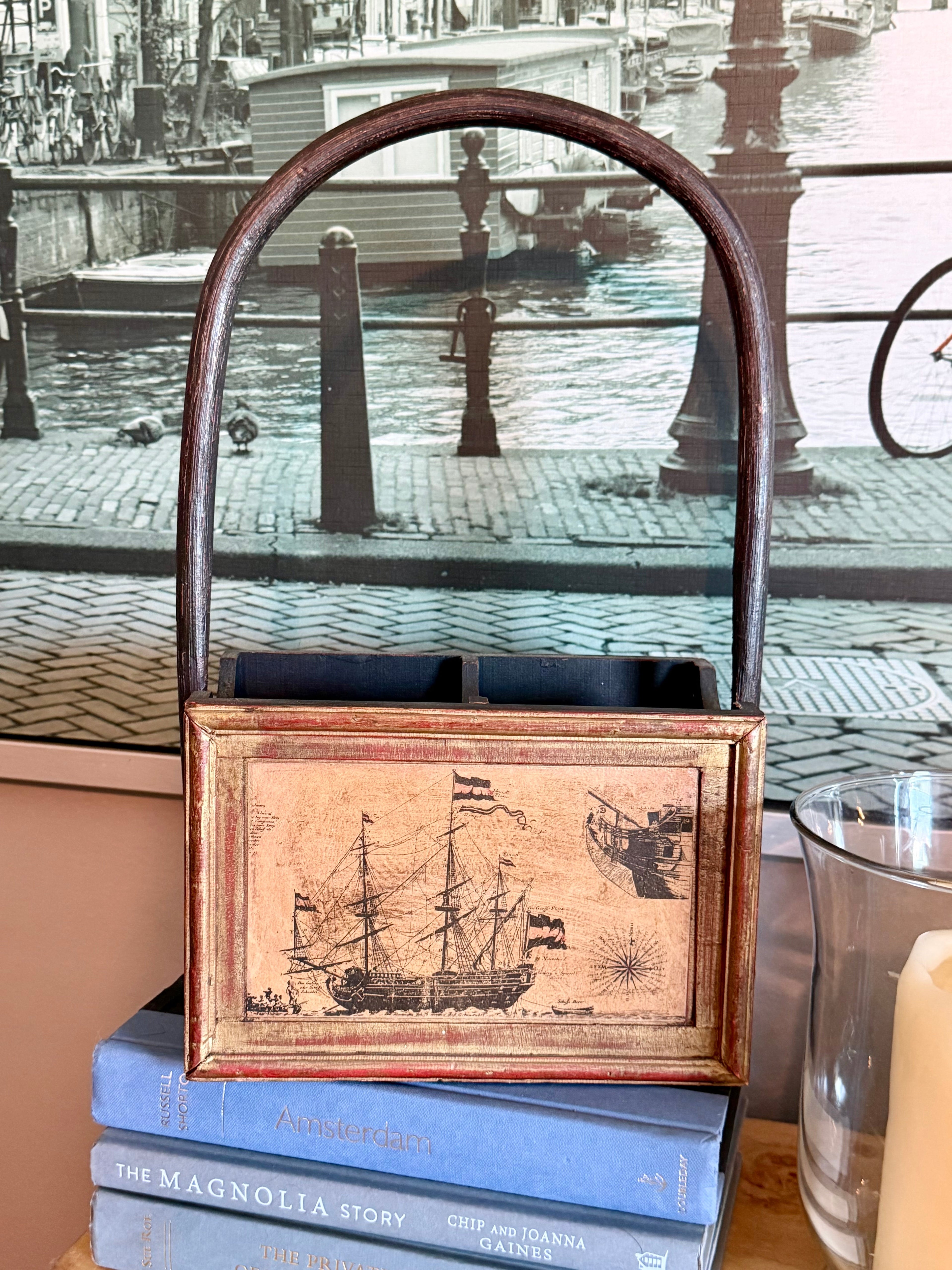 Vintage Nautical Wooden Caddy with Arched Handle