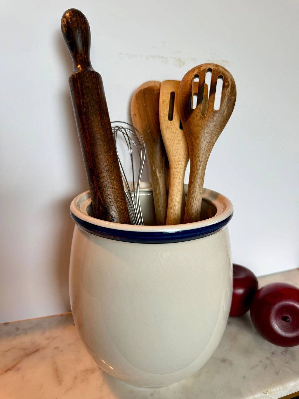 Vintage Ceramic Utensil Crock with Cobalt Blue Rim