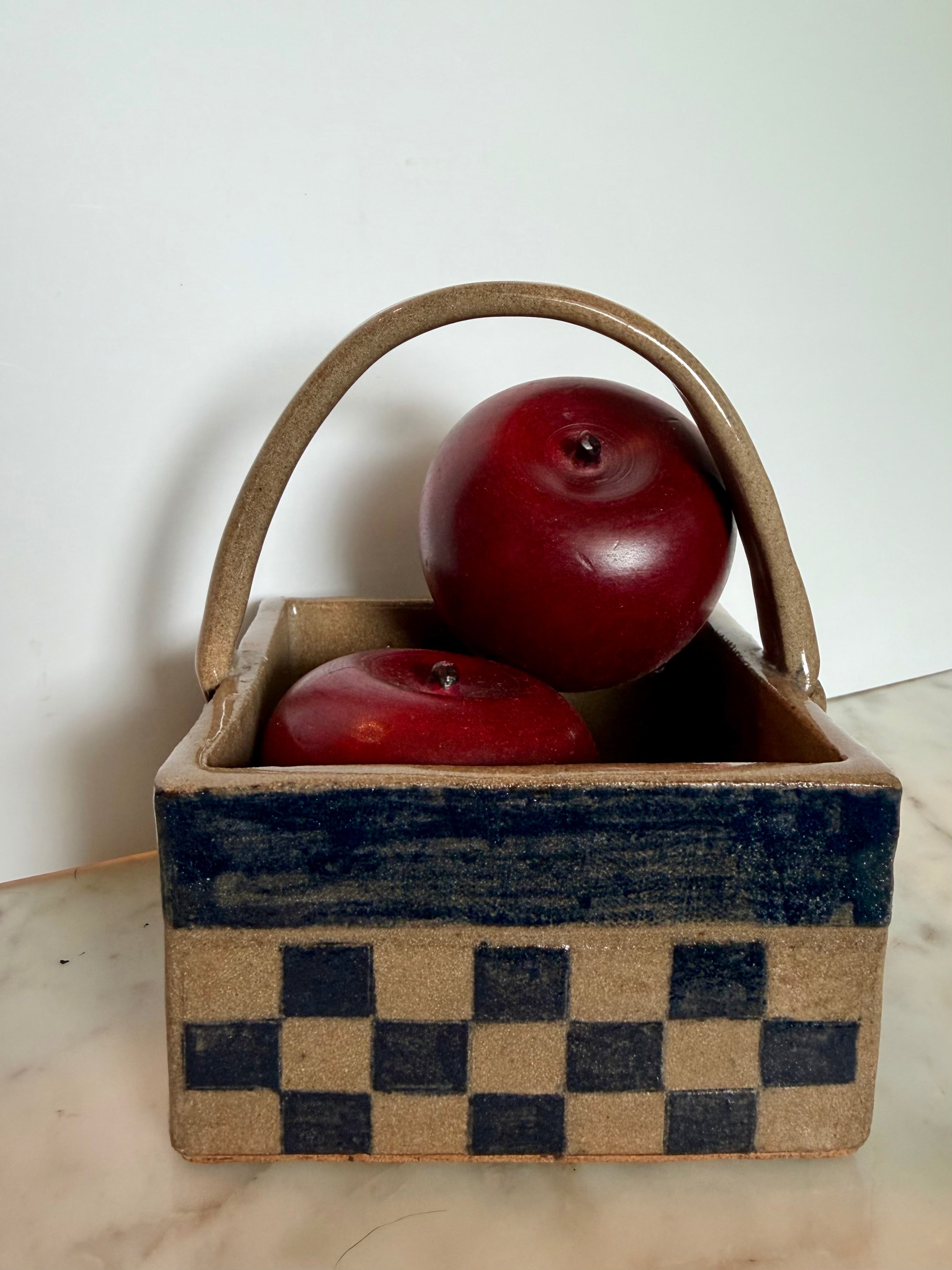 Vintage Ceramic Checkerboard Basket with Handle