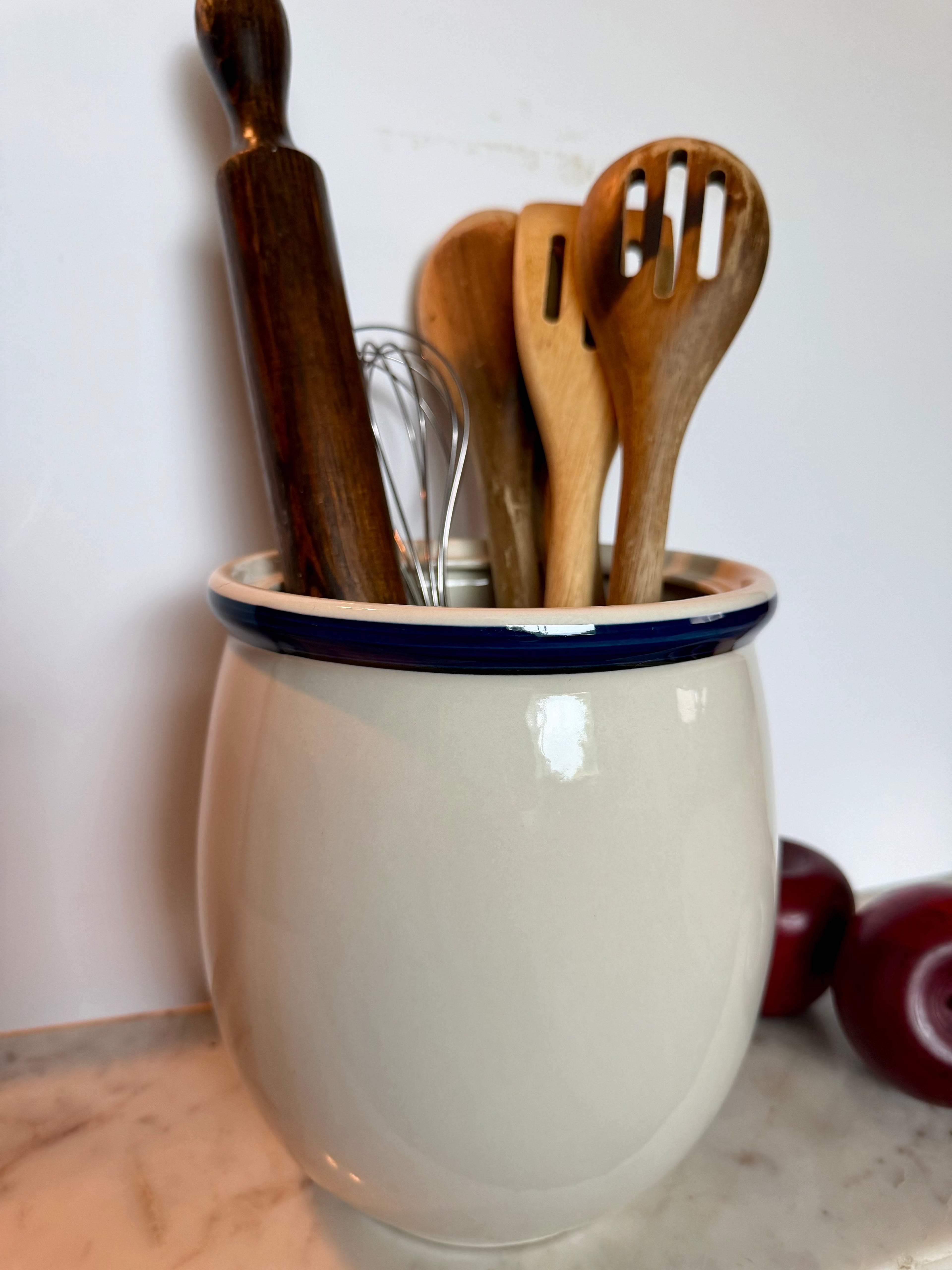 Vintage Ceramic Utensil Crock with Cobalt Blue Rim
