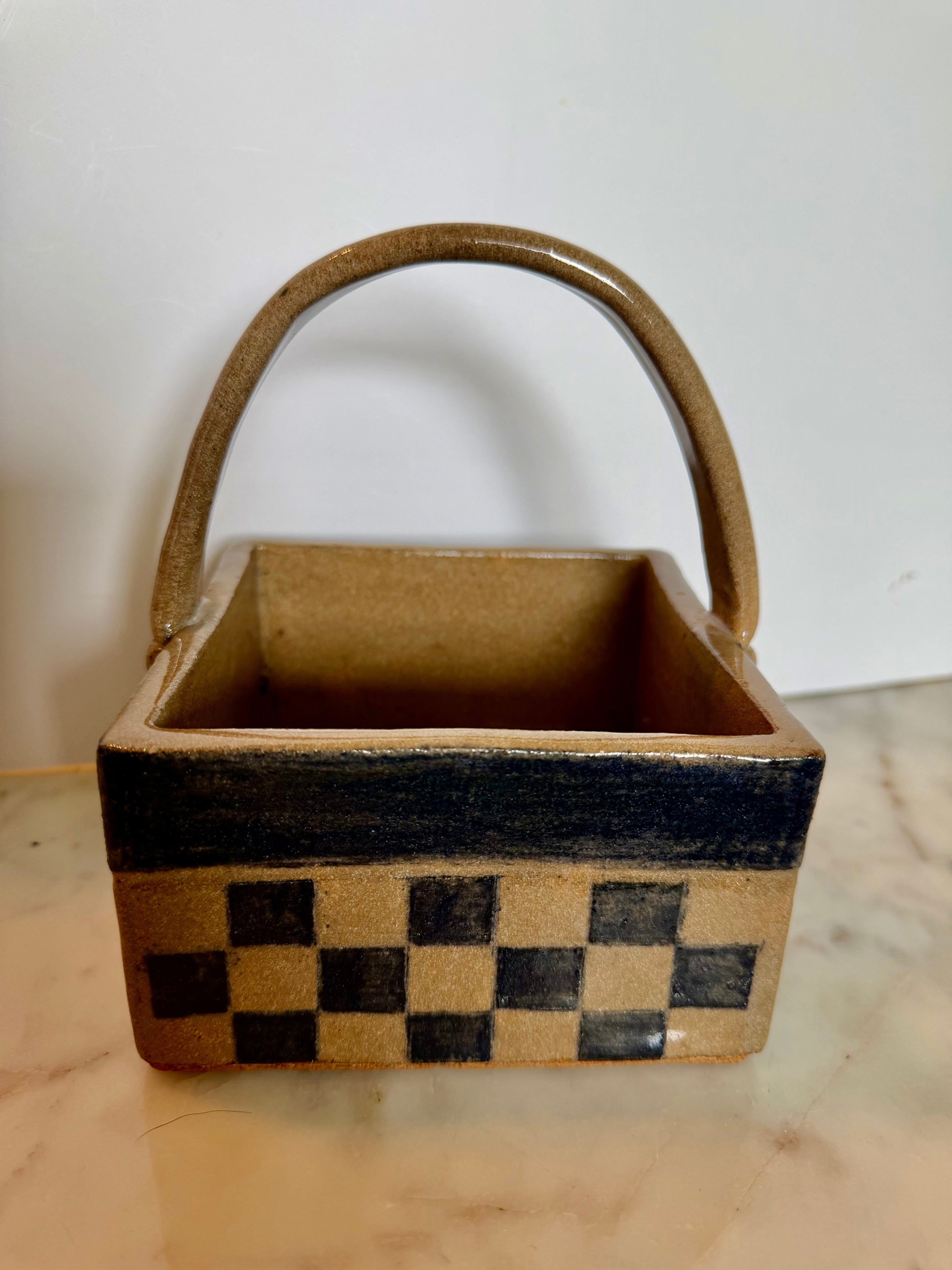 Vintage Ceramic Checkerboard Basket with Handle