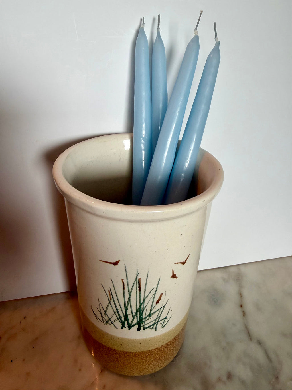 Vintage Stoneware Cattails & Birds Utensil Crock