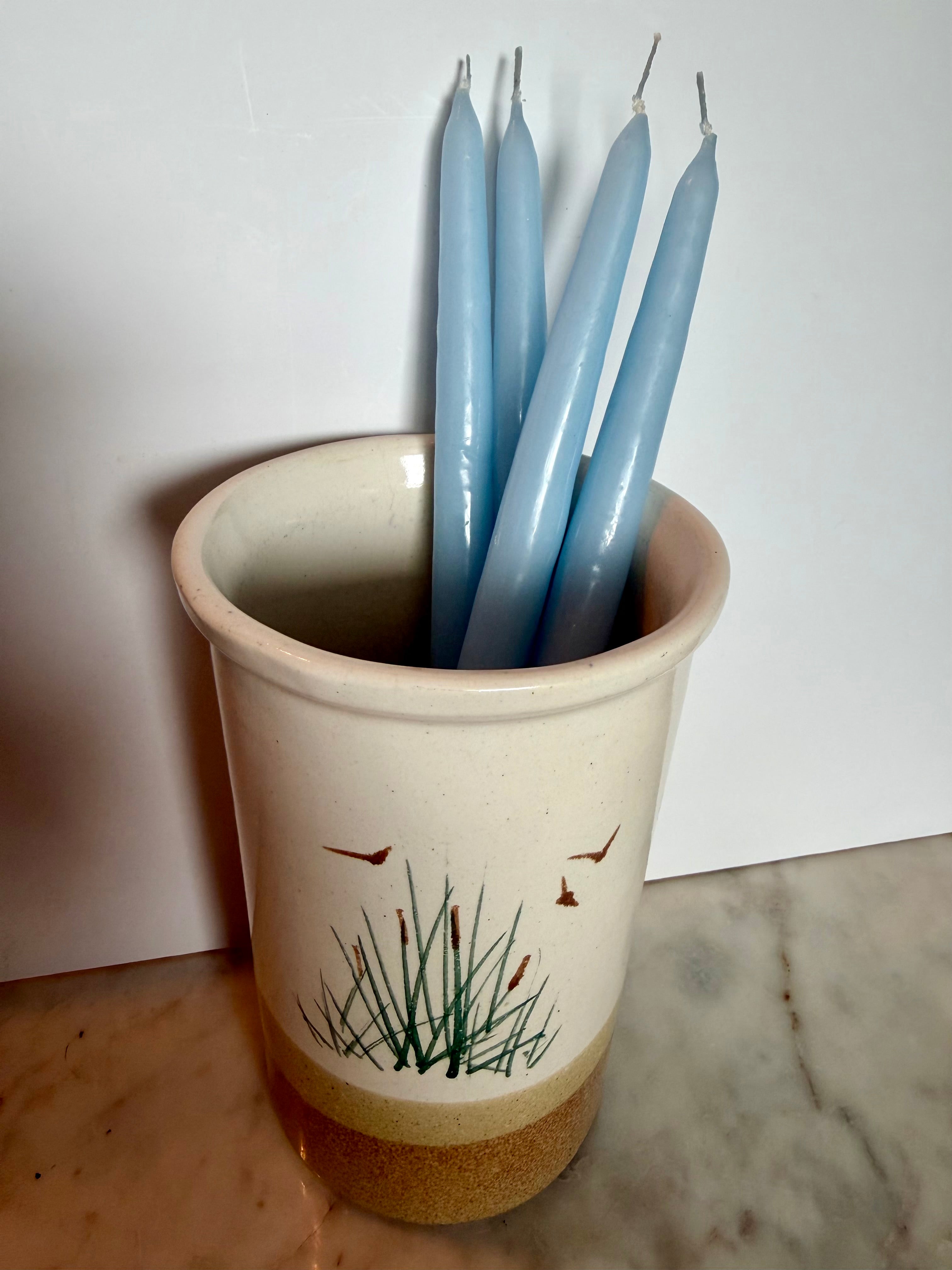Vintage Stoneware Cattails & Birds Utensil Crock