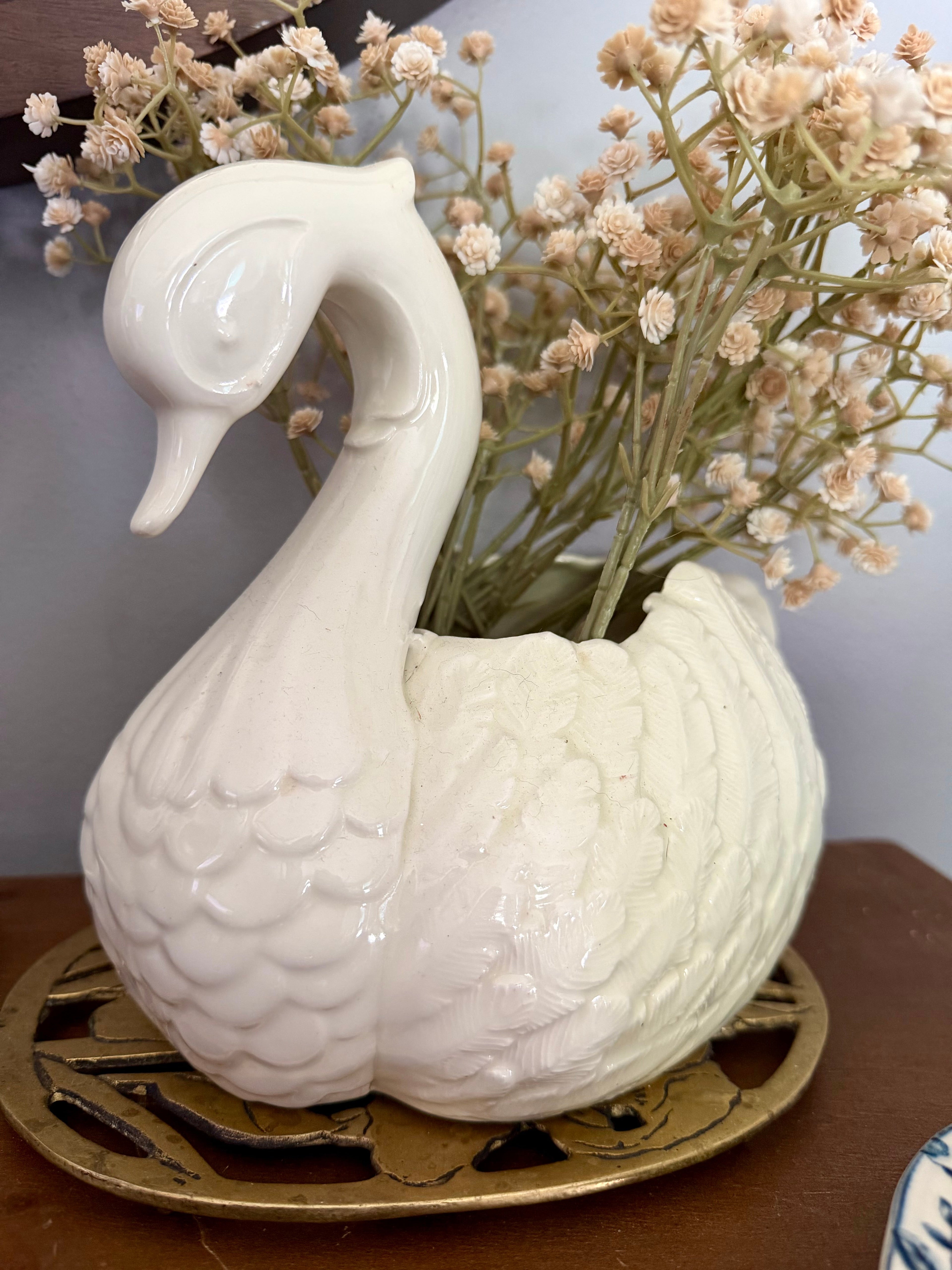 Vintage White Ceramic Swan Vase