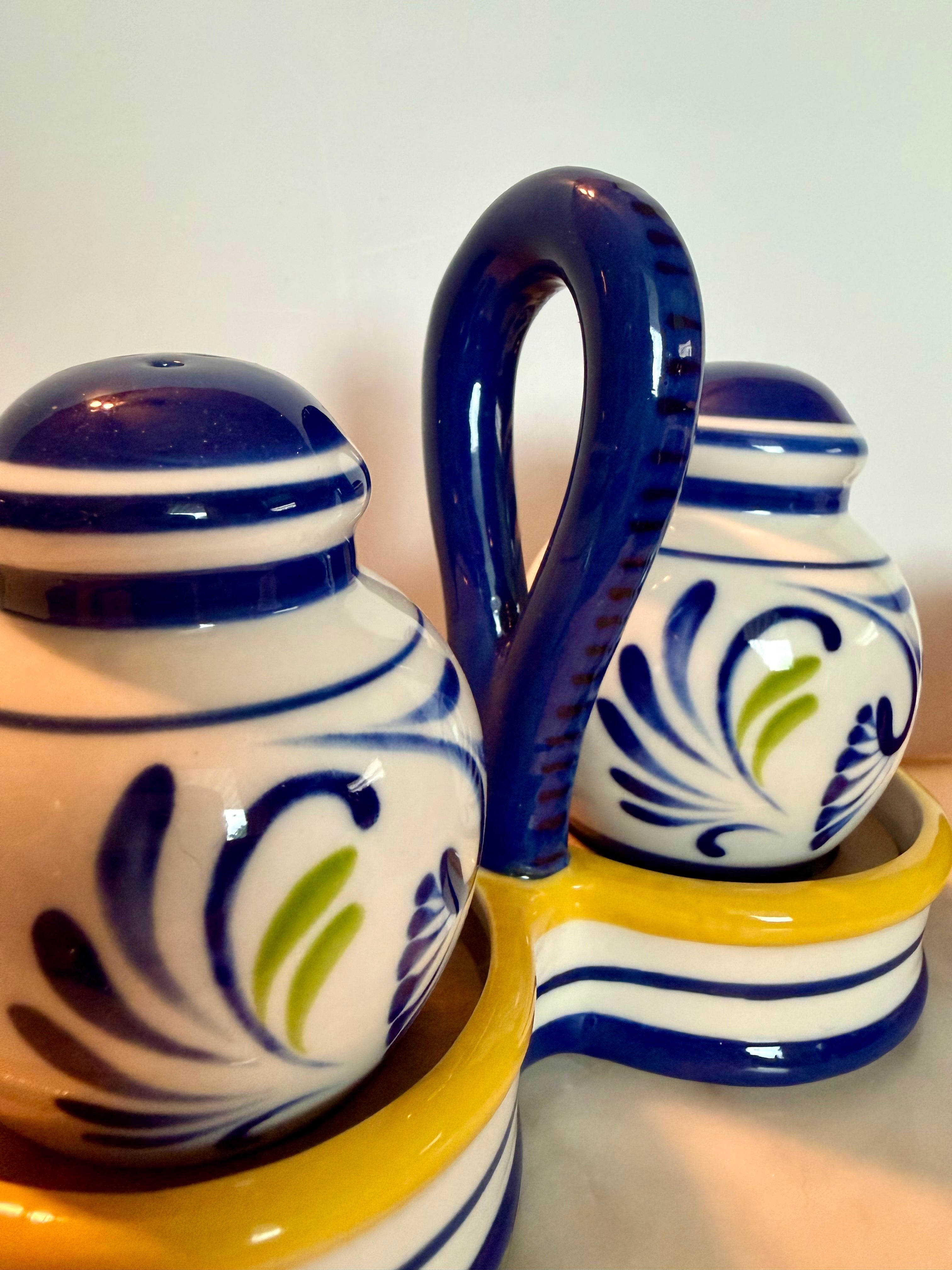 Talavera-Style Ceramic Salt & Pepper Shaker Set with Caddy