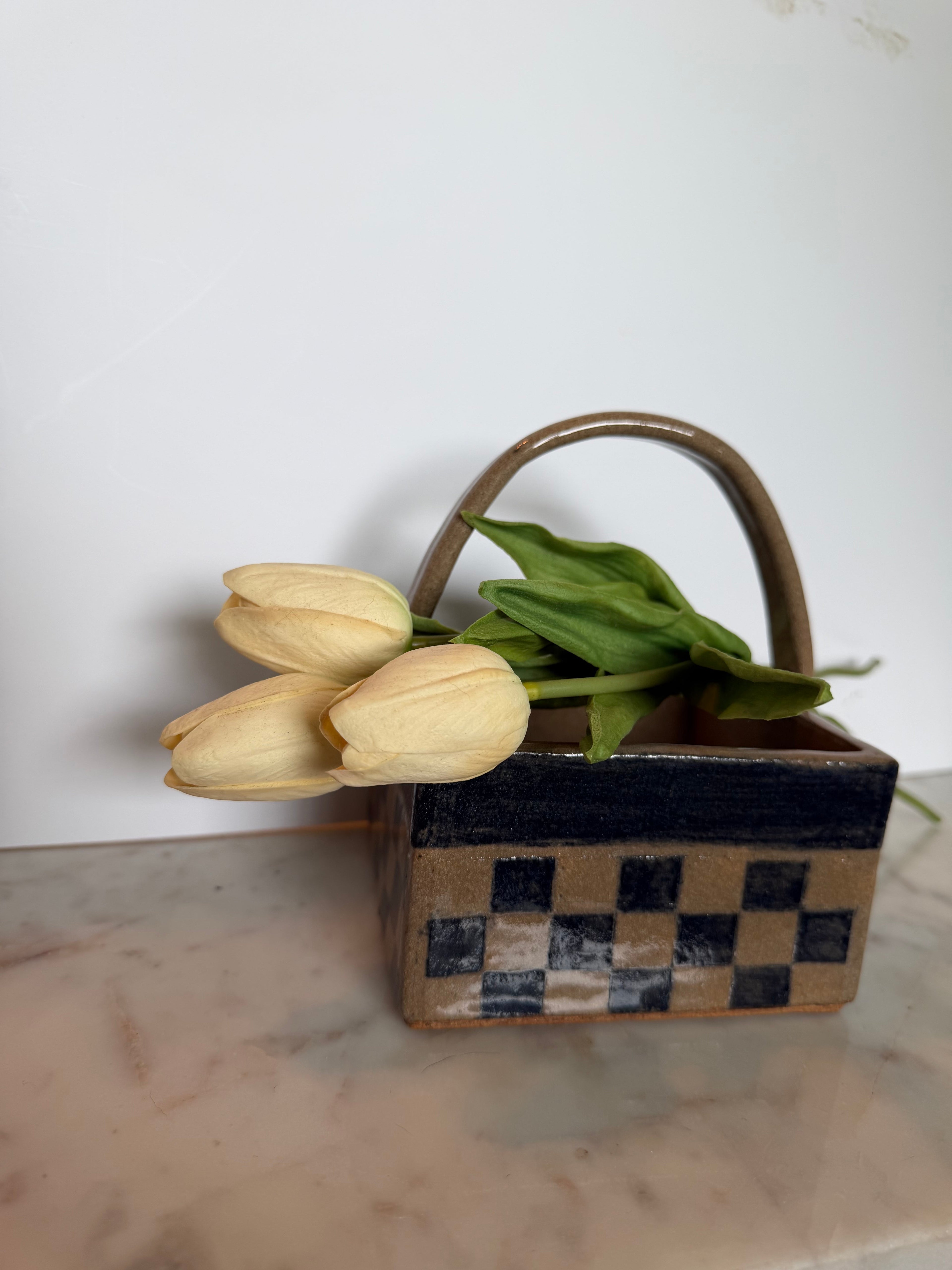 Vintage Ceramic Checkerboard Basket with Handle