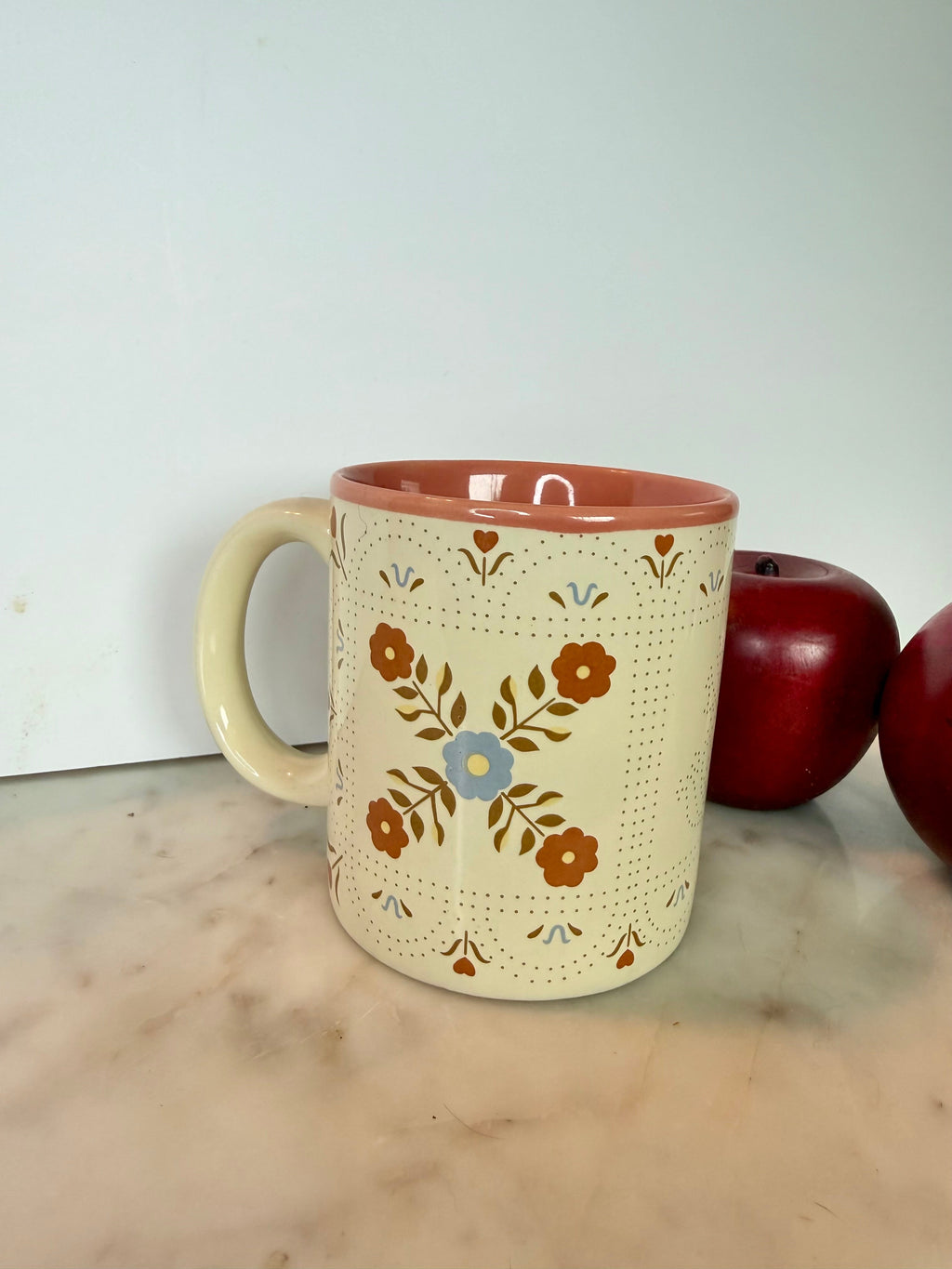 Vintage Folk Art Ceramic Mug with Heart & Floral Motifs