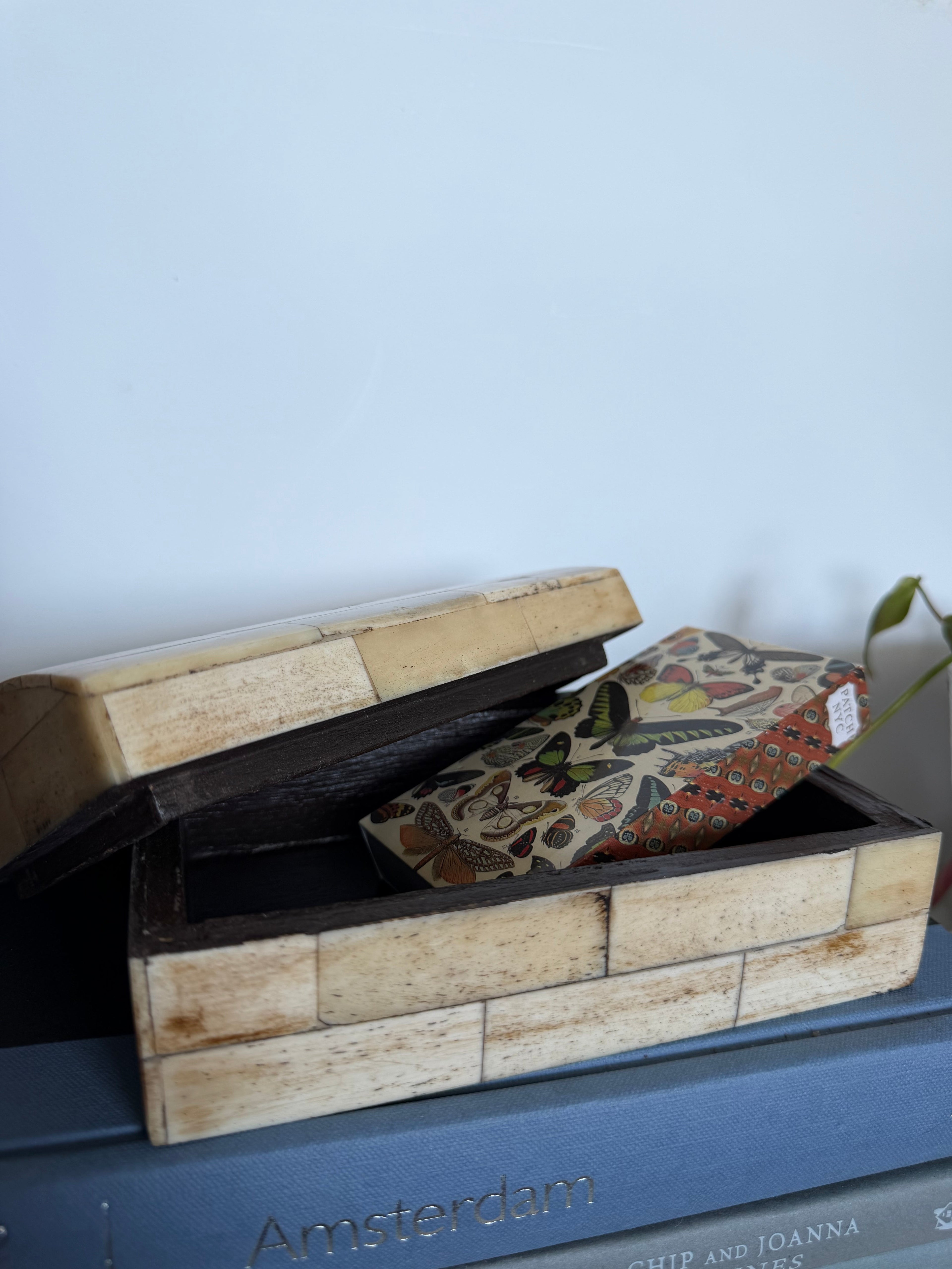 Vintage Bone Inlay Trinket Box with Domed Lid