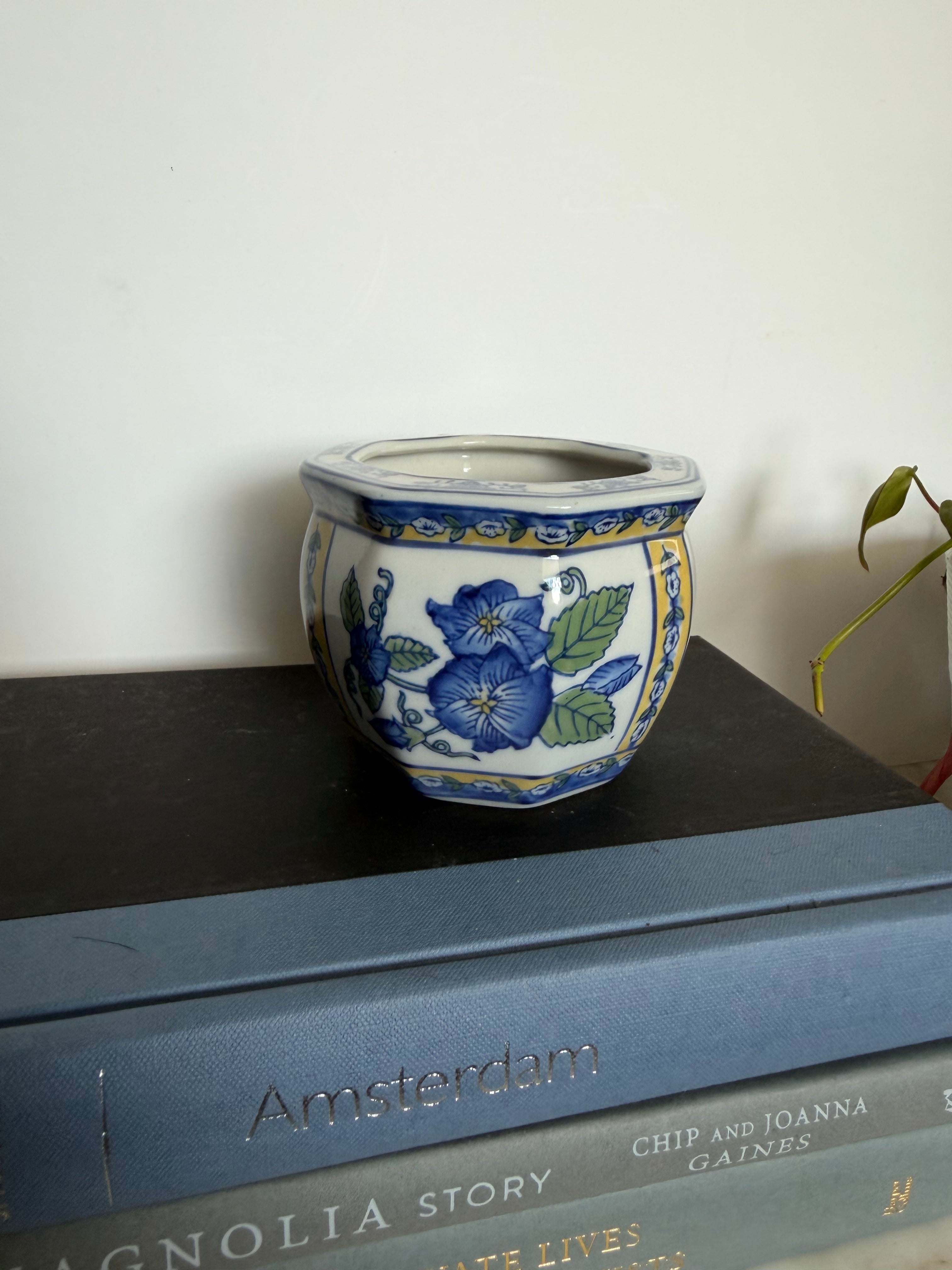 Blue & White Chinoiserie Floral Ceramic Cachepot