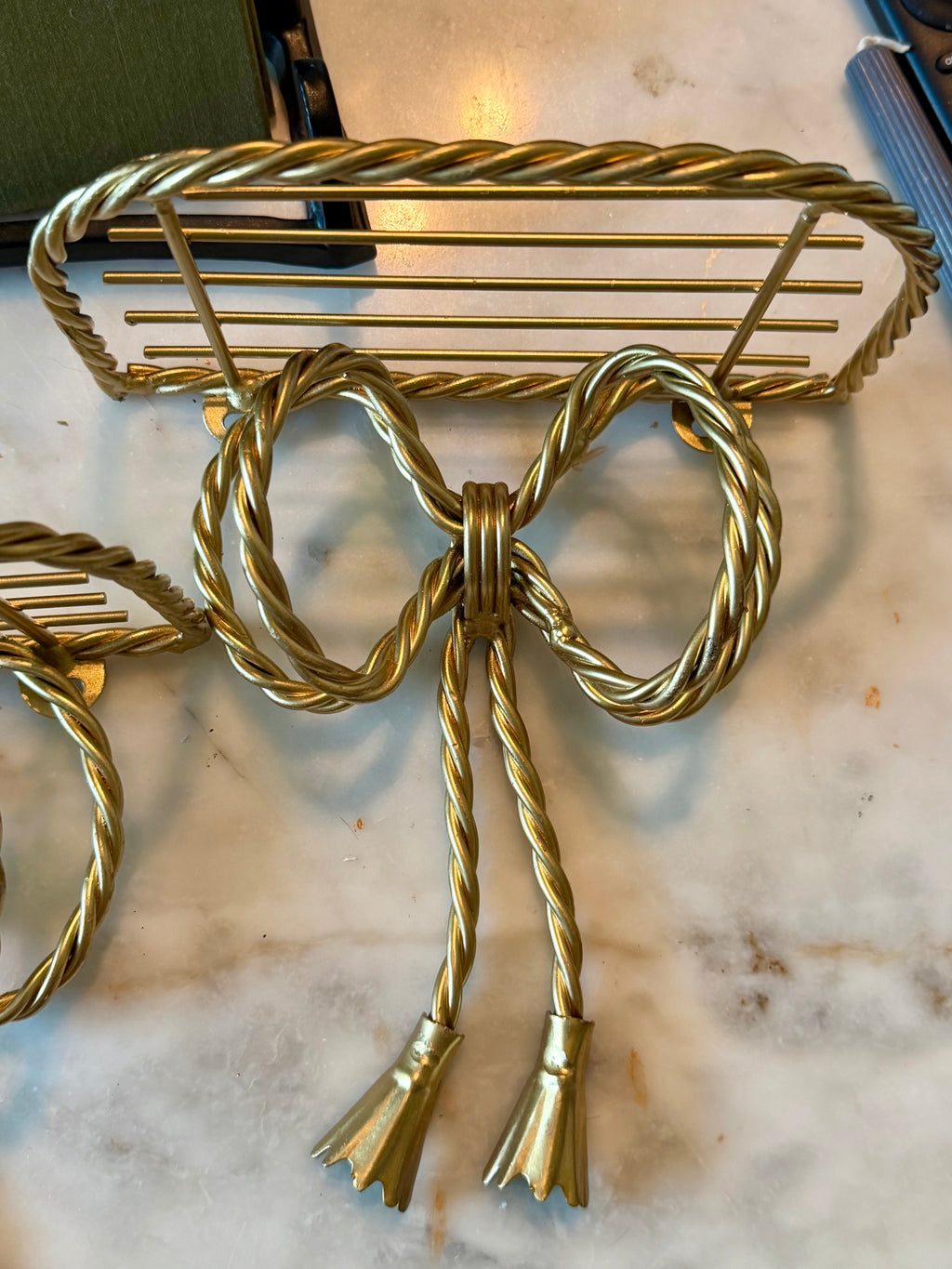 Vintage Gold Tole Rope & Bow Wall Shelves | Set of 2