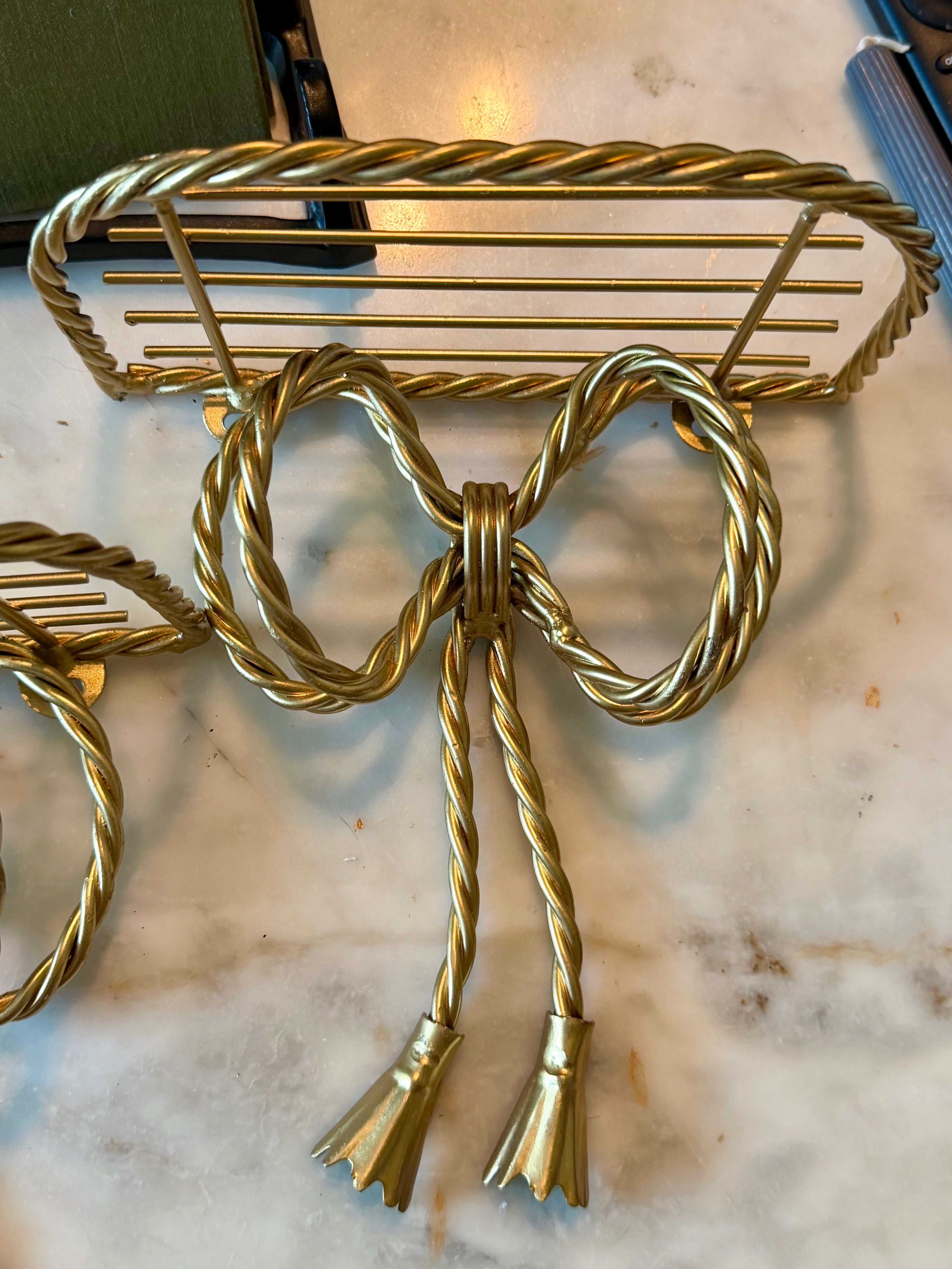 Vintage Gold Tole Rope & Bow Wall Shelves | Set of 2